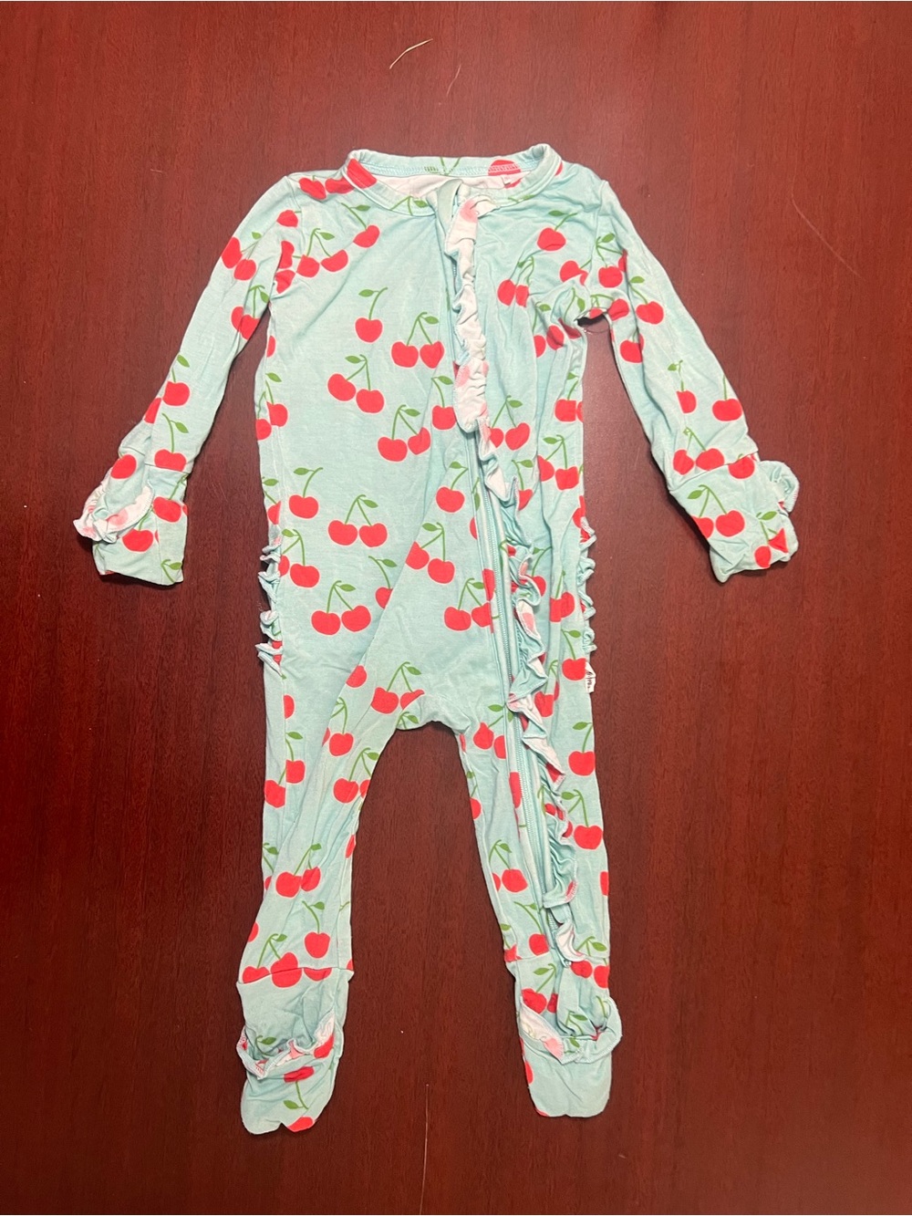 Girls Mint Cherry-Print Ruffle Zip Pajama One-Piece bamboo